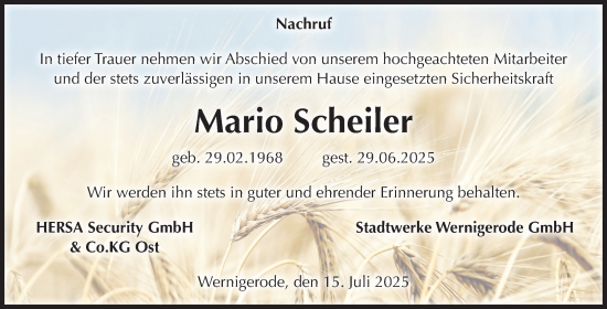 Traueranzeige von Mario Scheiler von Volksstimme Wernigerode