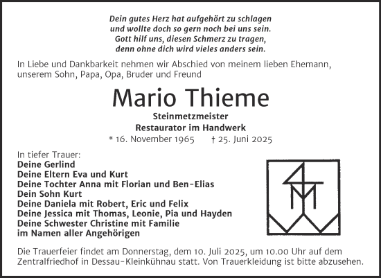 Traueranzeige von Mario Thieme von Trauerkombi Dessau