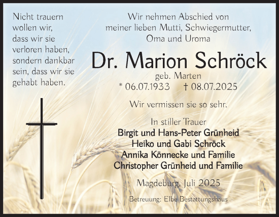 Traueranzeige von Marion Schröck von Volksstimme Magdeburg