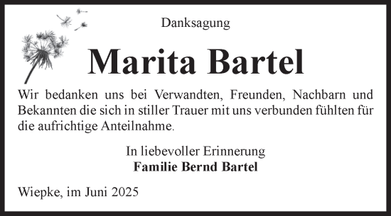 Traueranzeige von Marita Bartel von Volksstimme Altmark West