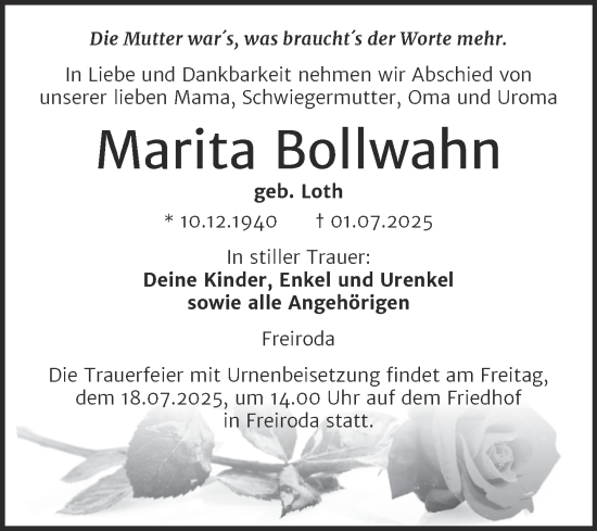 Traueranzeige von Marita Bollwahn von Super Sonntag Naumburg/Nebra