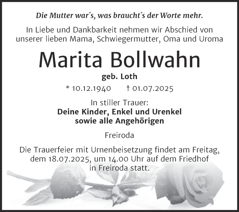  Traueranzeige für Marita Bollwahn vom 12.07.2025 aus Super Sonntag Naumburg/Nebra