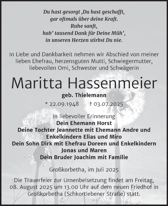 Traueranzeige von Maritta Hassenmeier von Trauerkombi Weißenfels