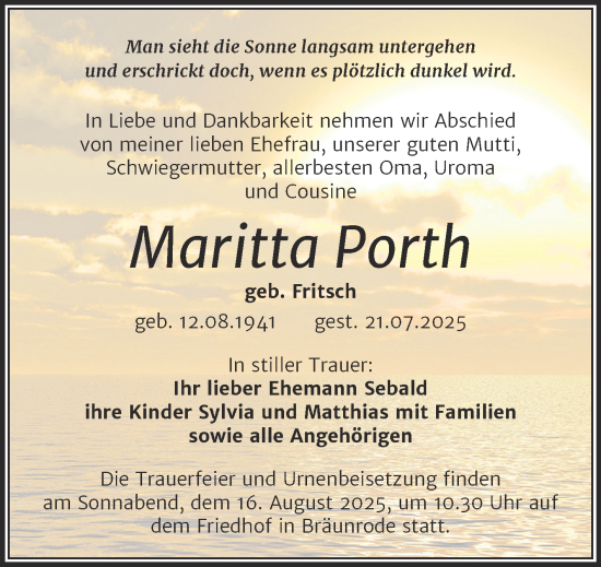 Traueranzeige von Maritta Porth von Trauerkombi Mansfelder Land