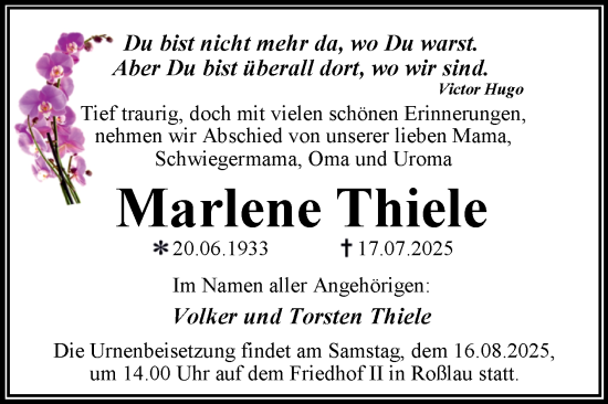 Traueranzeige von Marlene Thiele von Trauerkombi Dessau
