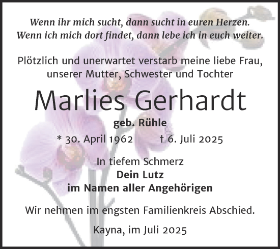 Traueranzeige von Marlies Gerhardt von Trauerkombi Zeitz