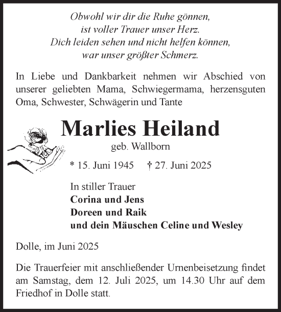 Traueranzeige von Marlies Heiland von Volksstimme Haldensleben/Wolmirstedt