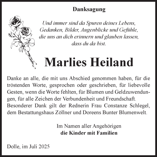 Traueranzeige von Marlies Heiland von Volksstimme Haldensleben/Wolmirstedt