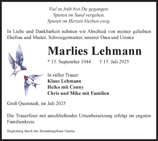 Traueranzeige von Marlies Lehmann von Volksstimme Halberstadt