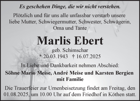 Traueranzeige von Marlis Ebert von Trauerkombi Köthen