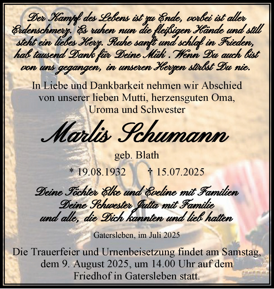  Traueranzeige für Marlis Schumann vom 26.07.2025 aus Trauerkombi Aschersleben