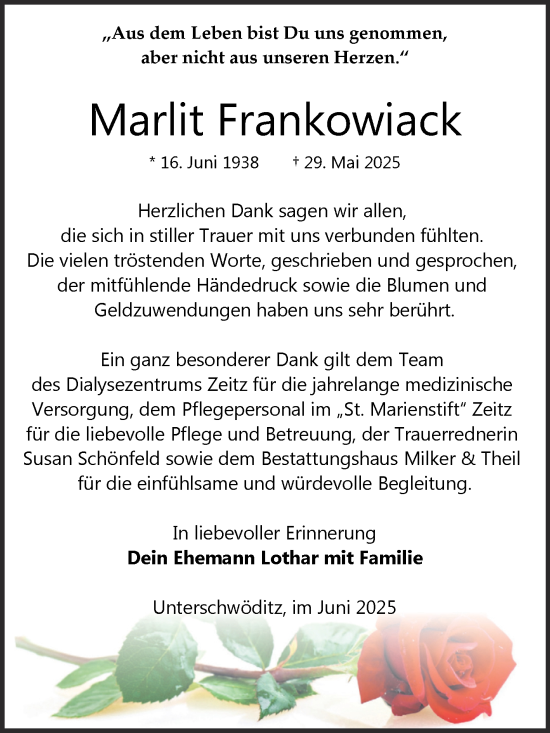 Traueranzeige von Marlit Frankowiack von Trauerkombi Zeitz