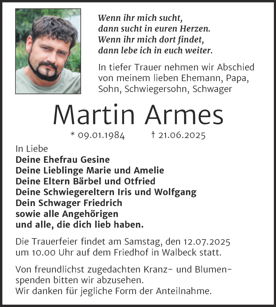  Traueranzeige für Martin Armes vom 05.07.2025 aus Trauerkombi Mansfelder Land