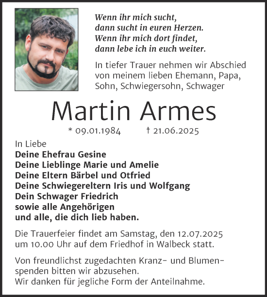 Traueranzeige von Martin Armes von Trauerkombi Mansfelder Land