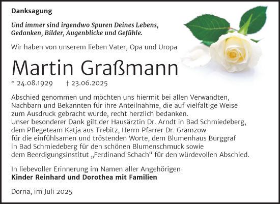 Traueranzeige von Martin Graßmann von Trauerkombi Wittenberg