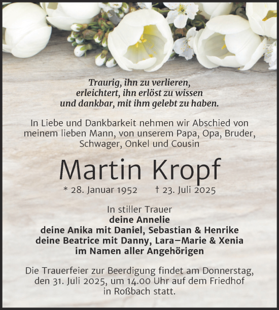 Traueranzeige von Martin Kropf von Naumburger Tageblatt