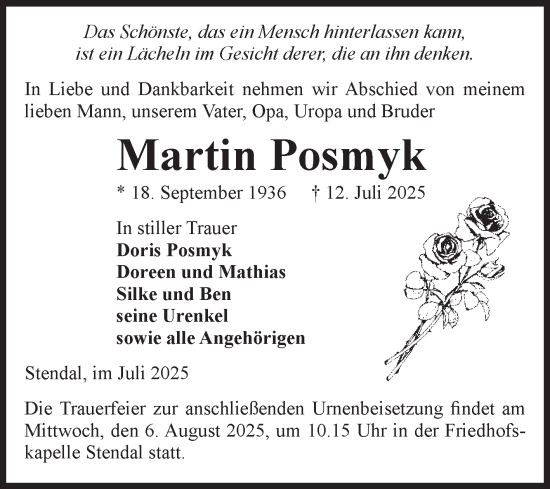 Traueranzeige von Martin Posmyk von Volksstimme Altmark Ost
