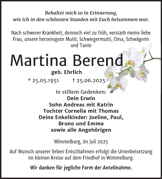 Traueranzeige von Martina Berend von Trauerkombi Mansfelder Land