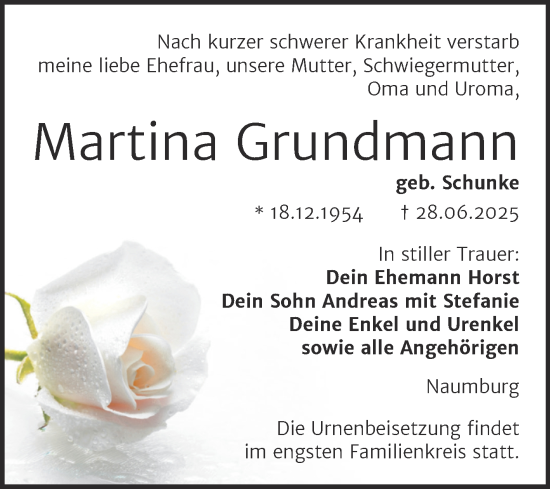 Traueranzeige von Martina Grundmann von Super Sonntag Naumburg/Nebra