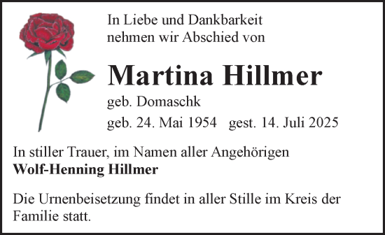 Traueranzeige von Martina Hillmer von Mitteldeutsche Zeitung Halle/Saalkreis