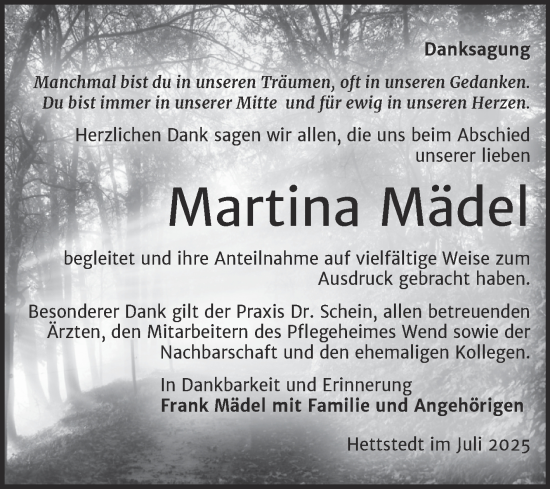 Traueranzeige von Martina Mädel von Trauerkombi Mansfelder Land