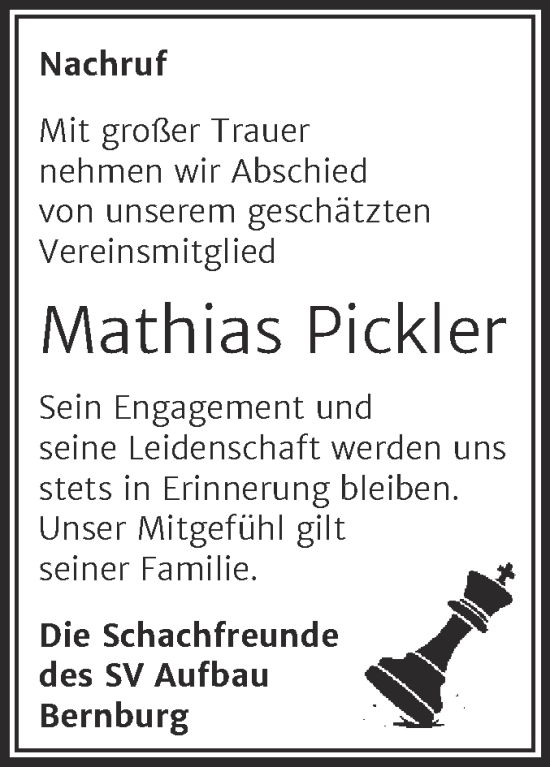 Traueranzeige von Mathias Pickler von Super Sonntag Bernburg