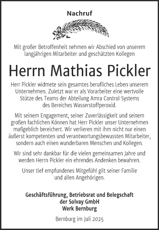 Traueranzeige von Mathias Pickler von Mitteldeutsche Zeitung Bernburg