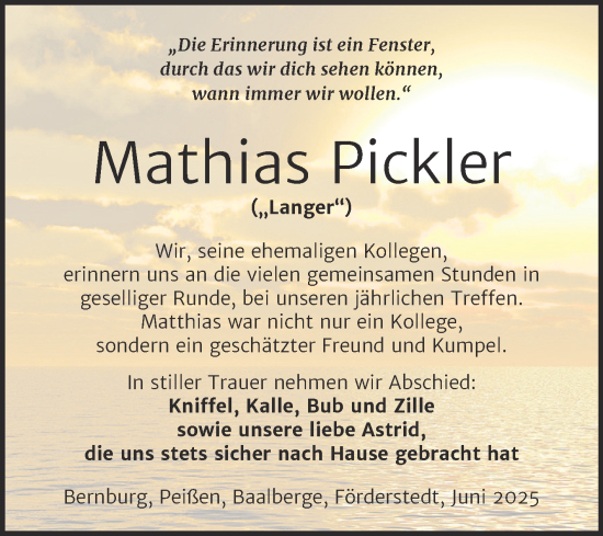 Traueranzeige von Mathias Pickler von Trauerkombi Bernburg