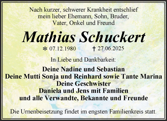 Traueranzeige von Mathias Schuckert von Trauerkombi Dessau