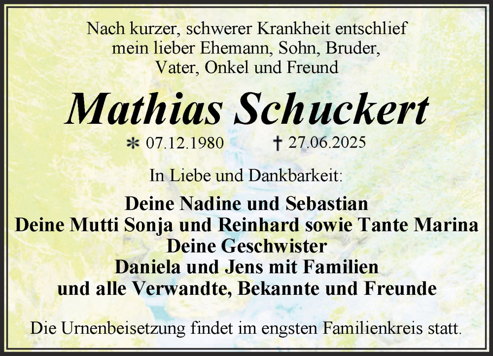  Traueranzeige für Mathias Schuckert vom 05.07.2025 aus Trauerkombi Dessau
