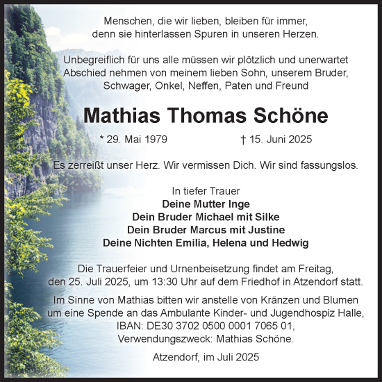 Traueranzeige von Mathias Thomas Schöne von Volksstimme Staßfurt