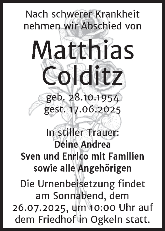 Traueranzeige von Matthias Colditz von Trauerkombi Wittenberg
