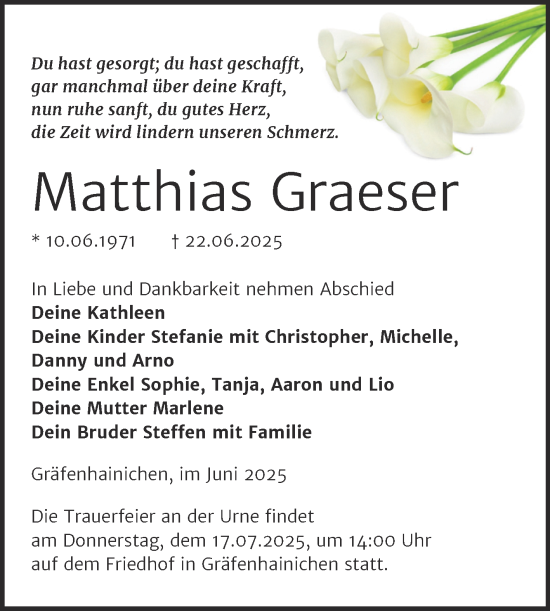 Traueranzeige von Matthias Graeser von Trauerkombi Wittenberg