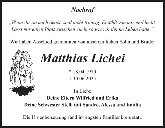 Traueranzeige von Matthias Lichei von Volksstimme Altmark Ost