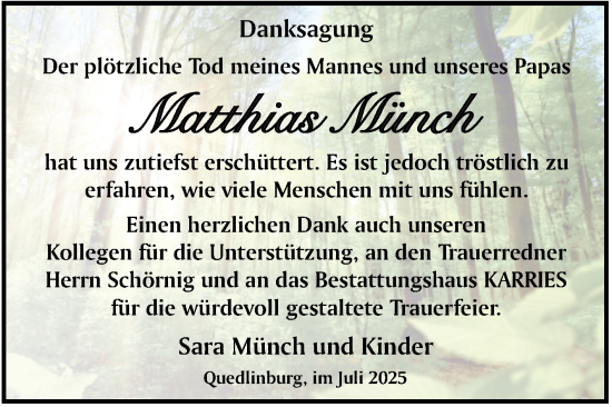 Traueranzeige von Matthias Münch von Trauerkombi Quedlinburg