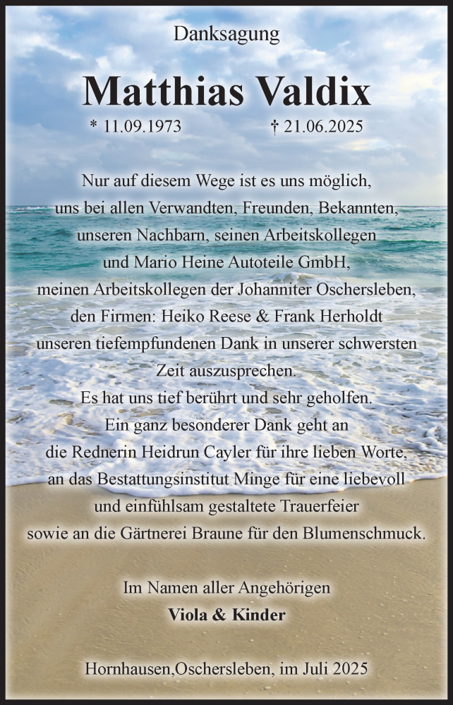  Traueranzeige für Matthias Valdix vom 26.07.2025 aus Volksstimme Oschersleben/Wanzleben