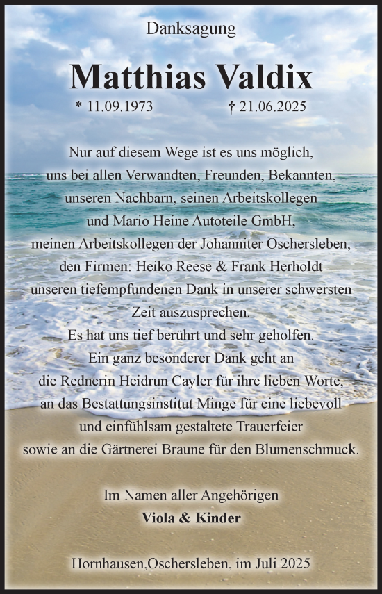 Traueranzeige von Matthias Valdix von Volksstimme Oschersleben/Wanzleben