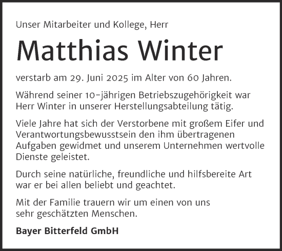 Traueranzeige von Matthias Winter von Mitteldeutsche Zeitung Bitterfeld