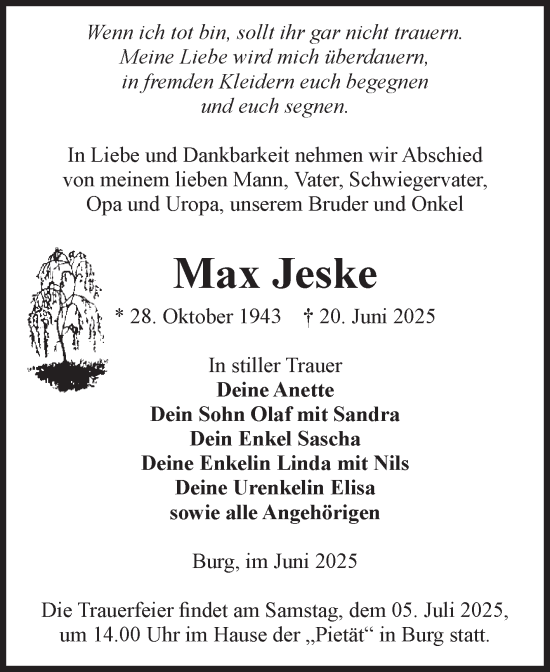 Traueranzeige von Max Jeske von Volksstimme Burg/Genthin