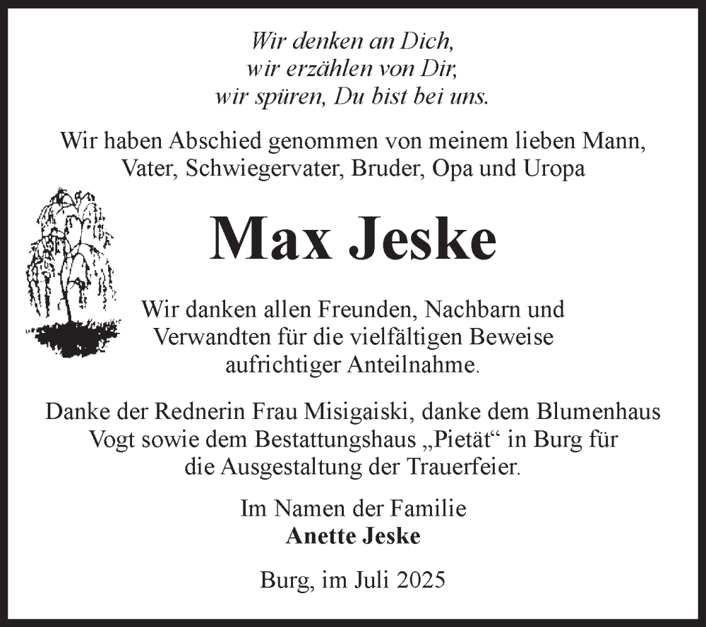  Traueranzeige für Max Jeske vom 12.07.2025 aus Volksstimme Burg/Genthin