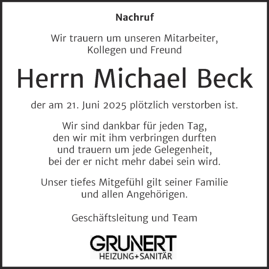 Traueranzeige von Michael Beck von Super Sonntag Naumburg/Nebra