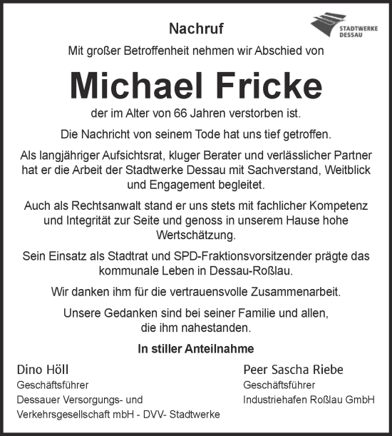 Traueranzeige von Michael Fricke von Mitteldeutsche Zeitung Dessau-Roßlau