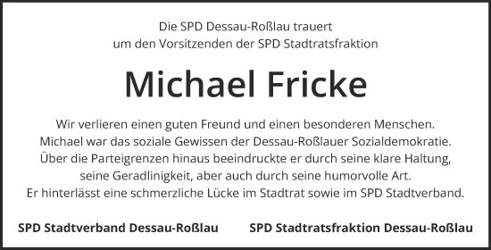 Traueranzeige von Michael Fricke von Mitteldeutsche Zeitung Dessau-Roßlau