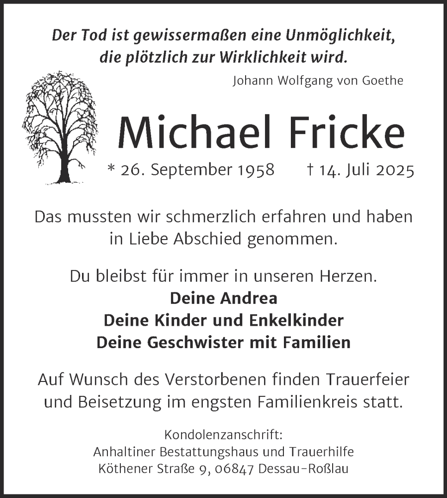  Traueranzeige für Michael Fricke vom 26.07.2025 aus Trauerkombi Dessau