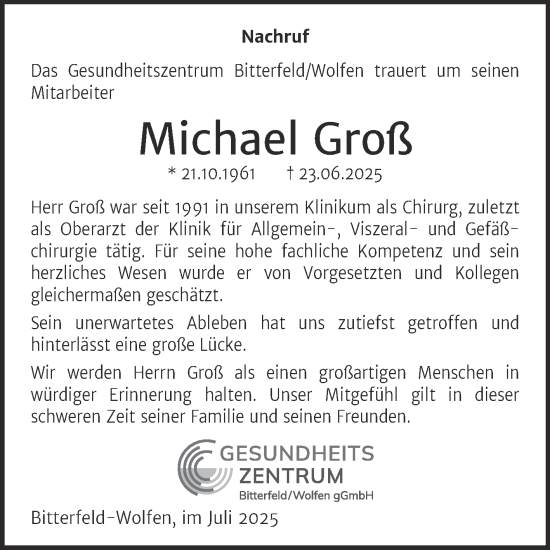 Traueranzeige von Michael Gross von Mitteldeutsche Zeitung Bitterfeld