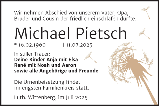 Traueranzeige von Michael Pietsch von Trauerkombi Wittenberg