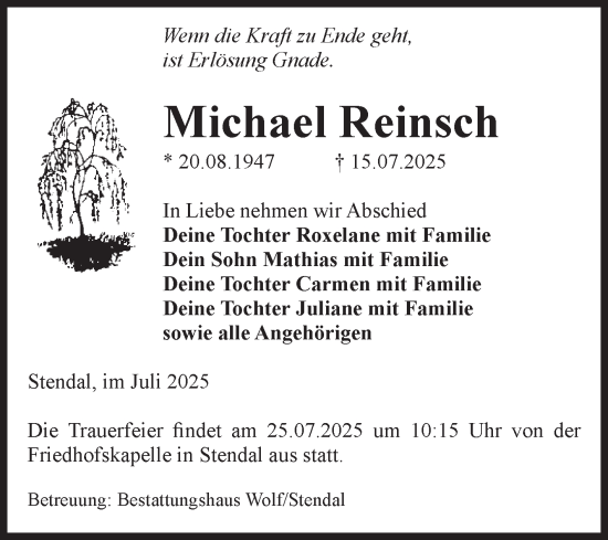 Traueranzeige von Michael Reinsch von Volksstimme Altmark Ost