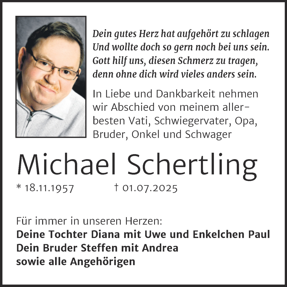  Traueranzeige für Michael Schertling vom 26.07.2025 aus Super Sonntag Naumburg/Nebra