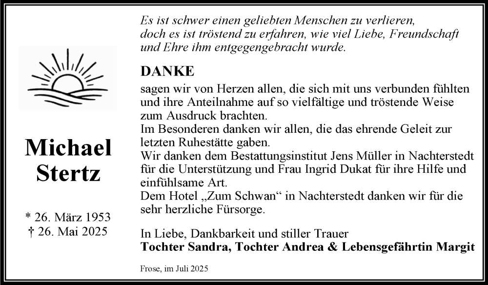  Traueranzeige für Michael Stertz vom 05.07.2025 aus Trauerkombi Aschersleben