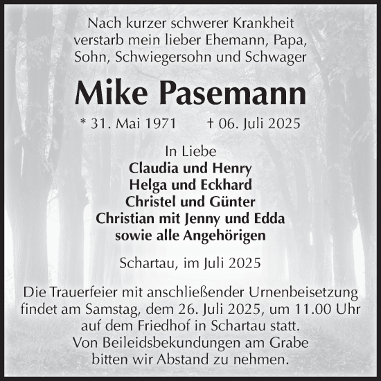 Traueranzeige von Mike Pasemann von Volksstimme Burg/Genthin